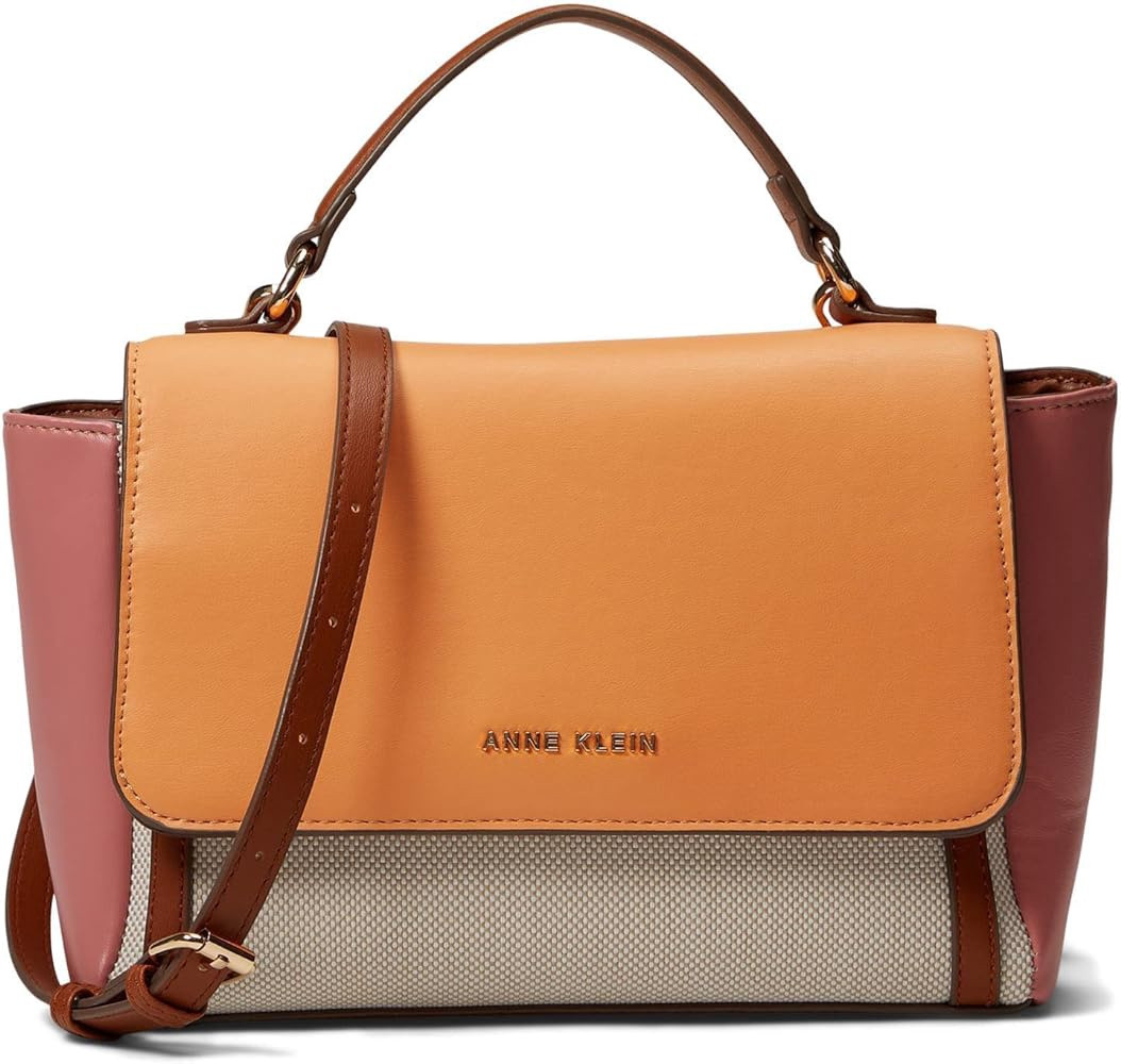 Bag Anne Klein Satchel Color Blocked Canvas Flap Tan Navy A