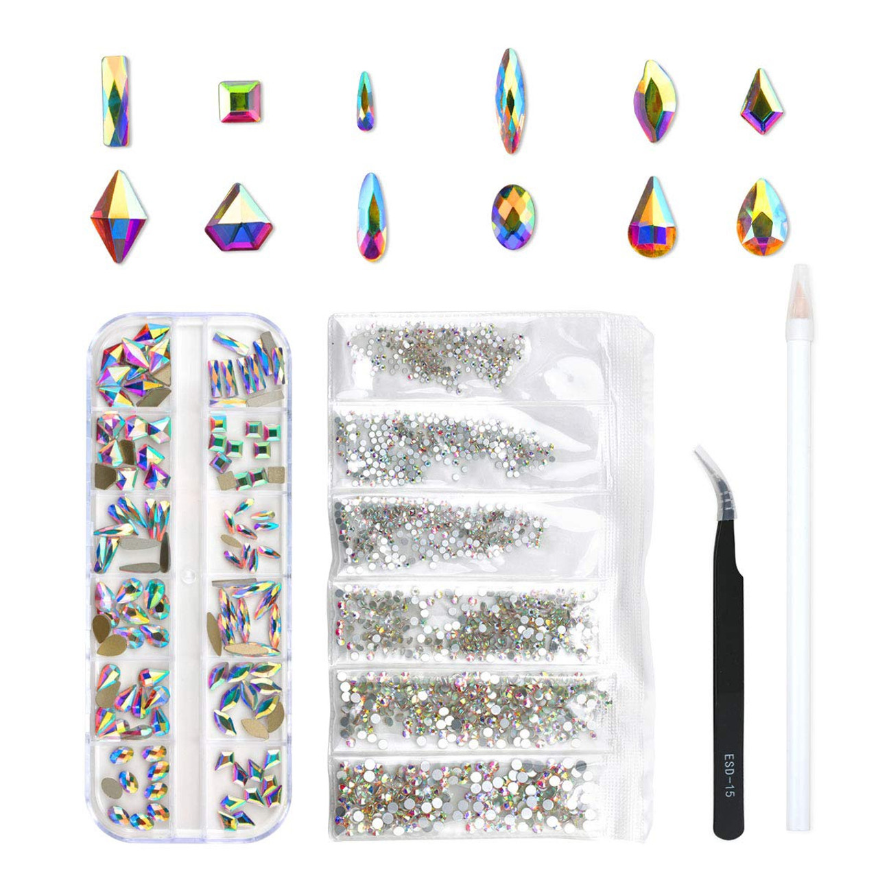 Nail Art Rhinestones Kit Crystal Glass Rhinestone Flatback Gems and Multi  Shapes Mix Sizes Gems (120 + 1450 Pcs) with glue gel