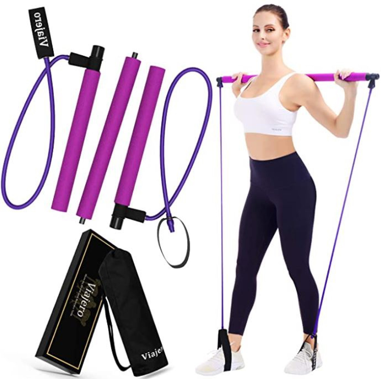Pilates Bar Kit with Ab Roller, Adjustable 3-Section Pilates Bar with 4  Resistance Bands for Women/Men, Portable Yoga Pilates Bar for Home Gym Full