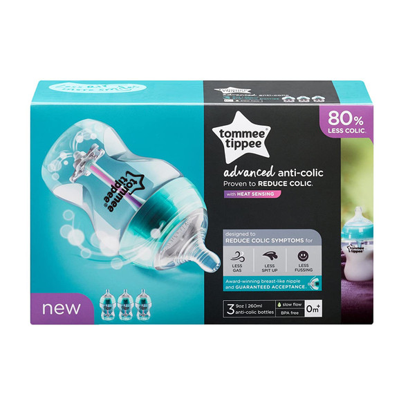 Baby Tommee Tippee Advanced Anti-Colic  Bottle Feeding Set, Heat Sensing Technology, Breast-like Nipple, BPA-Free - 9oz  3pack
