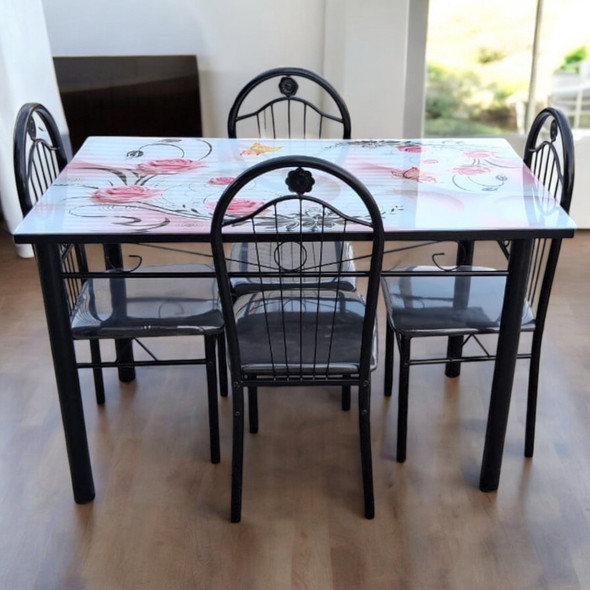 GLASS DINING TABLE A31-M49-4 WITH 4 CHAIR SET PINK & BLACK FLOWERS