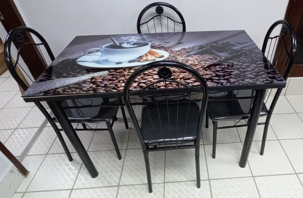 GLASS DINING TABLE A31-M94-1 WITH 4 CHAIR SET COFFEE CUP AND BEANS