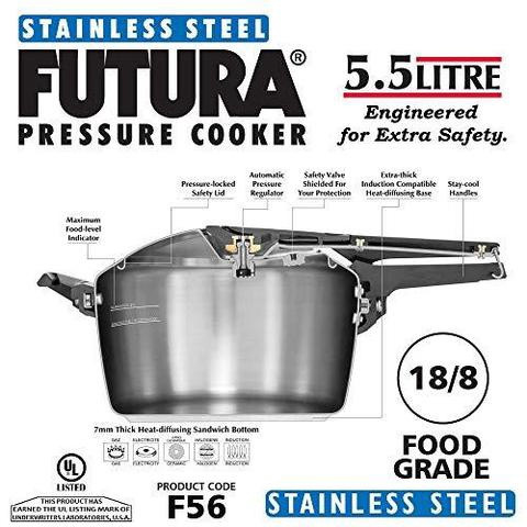 PRESSURE COOKER F56 F50 HAWKINS FUTURA STAINLESS STEEL INDUCTION 5.5LT