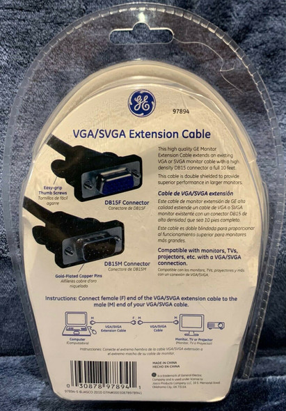 COMPUTER CABLE VGA MALE TO FEMALE 10' EXTENSION GE 97894