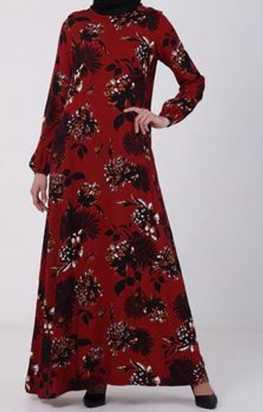 Dress Gown Floral Burgandy with Brown & black flowers