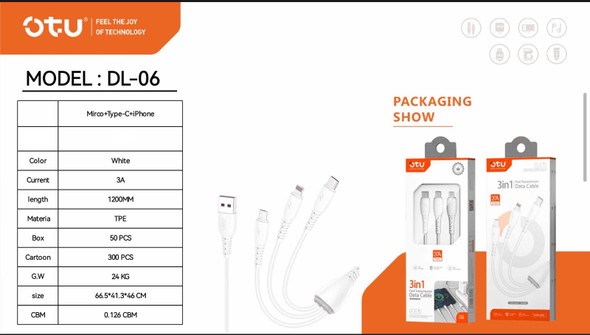 CHARGER CABLE USB 3IN1 OTU DL06 1200MM TYPE-C MICRO LIGHTING 3A FAST TRANSMISSION DATA CABLE