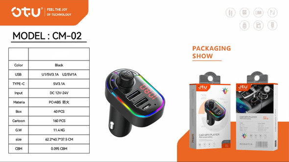 MODULATOR FM OTU CM-02 CAR BT MP3 PLAYER RGB AMBIENT LIGHTING 3.1A 2USB CHARGER