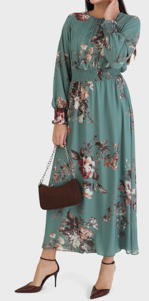 Dress Lined Floral Chiffon Teal Brown
