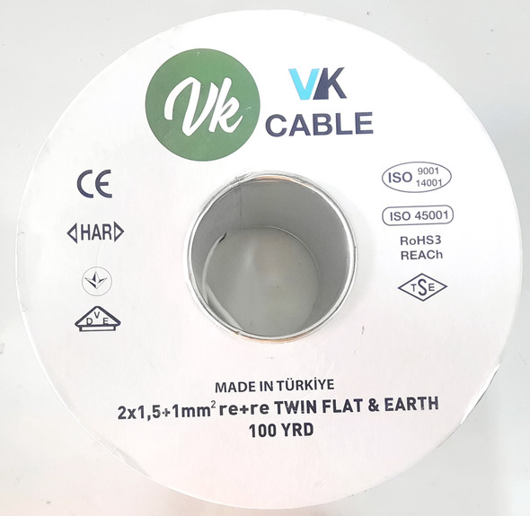 CABLE 1.5MM 2CORE FLAT WITH EARTH TURKEY VK 100YDS ROLL