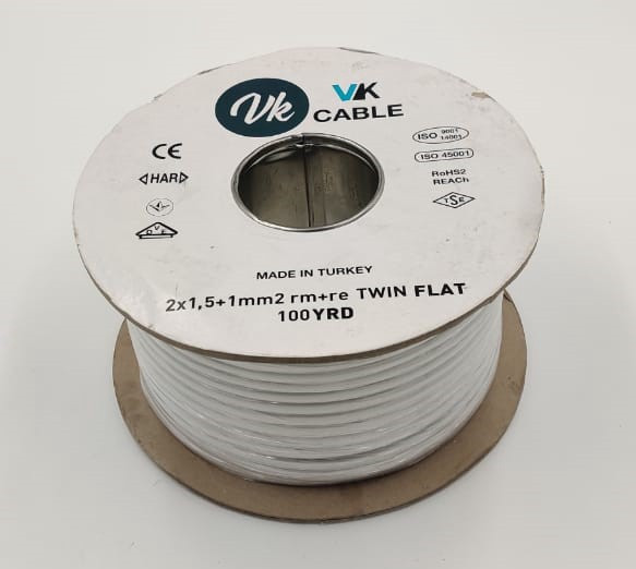 CABLE 1.5MM 2CORE FLAT WITH EARTH TURKEY VK 100YDS ROLL