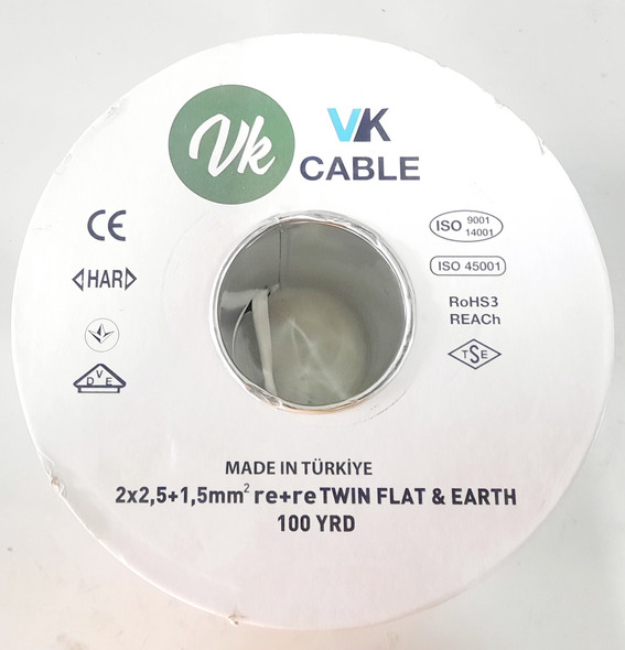 CABLE 2.5MM 2CORE FLAT TURKEY VK WITH EARTH 100YDS ROLL