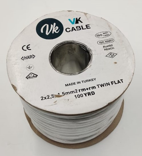 CABLE 2.5MM 2CORE FLAT TURKEY VK WITH EARTH 100YDS ROLL