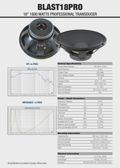 SPEAKER BLASTKING 18" I75-BLAST18PRO 1800W