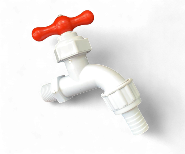 BIB CORK 3/4" PLASTIC WHITE/RED W/HOSE ADAPTOR