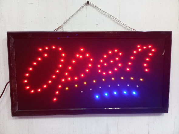 SIGN OPEN LED LIGHTED RED LETTERS BLUE LINE