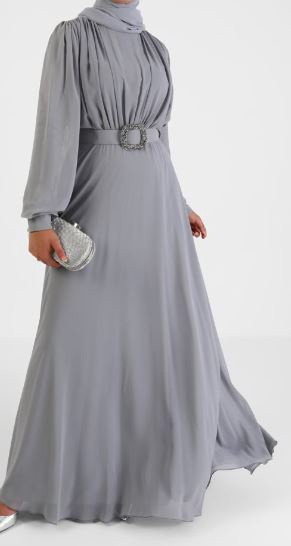 Dress Evening Chiffon Lined w/belt Mauve / Grey