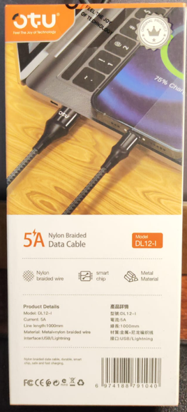 CHARGER CABLE USB OTU DL12-I 1M LIGHTNING 5A DATA CABLE NYLON BRAIDED