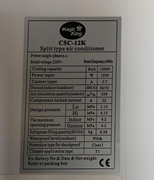 AIR CONDITIONER MAGIC KING 12000BTU REG 220V SPLIT CSC-12K