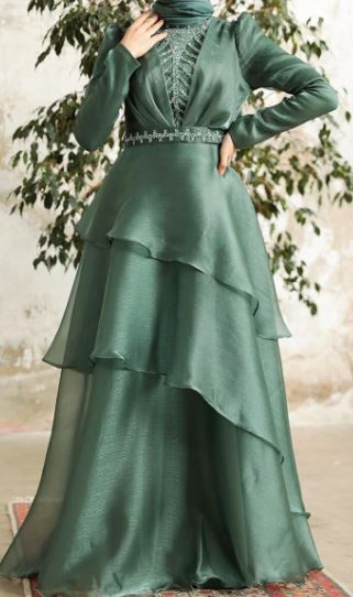 Dress Evening Organza Rust / Silver / Sage
