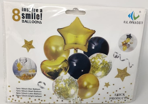 PARTY BALLOONS 8pcs Pack Heart Star Balloon Set with Confetti in Gold and Black Z35