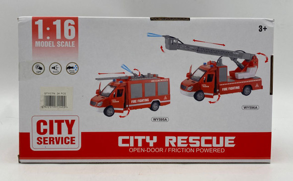 TOY FIRE FIGHTING TRUCK CITY RESCUE SERVICE 1:16 SCALE WENYI OPEN DOOR FRICTION POWERED WY595A CXL200-7B