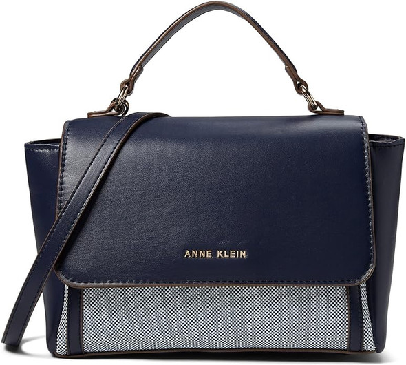 Bag Anne Klein  Satchel Color Blocked Canvas Flap Tan / Navy