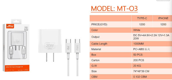 CHARGER CABLE USB OTU MT03-C TYPE-C PD 20W + QC3.0 5V 3A FAST CHARGER