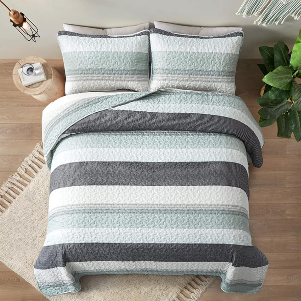 Quilt Set Stripe Queen 3pc Mint Grey