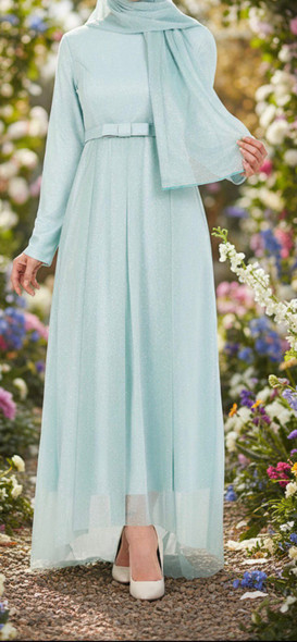 Dress Evening Lined Sparkle with Bow Belt Mint / Blue