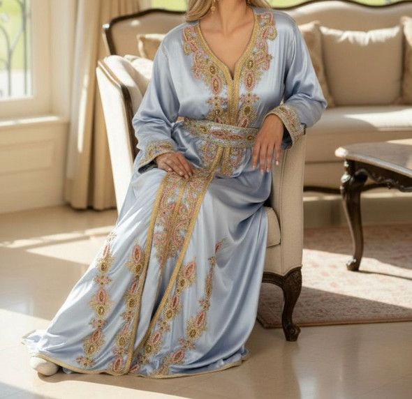 Gown Beaded Satin Peach / Baby Blue