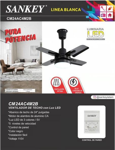 FAN CEILING 24" SANKEY CM24AC4M2B WITH LIGHT BLACK