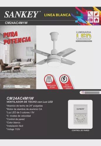 FAN CEILING 24" SANKEY CM24AC4M1W WITH LIGHT WHITE .