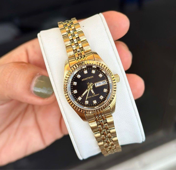 Watch Women Armitron Gold Bracelet Crystal 2475BKGP .