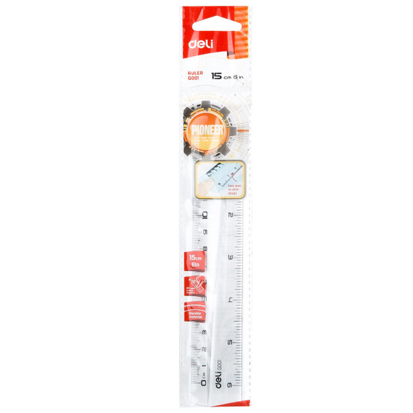 STATIONERY RULER PLASTIC CLEAR 6" 15CM DELI G00112
