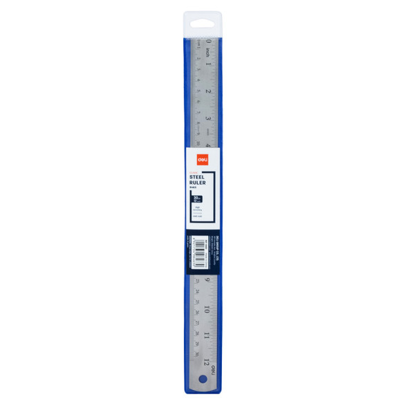 STATIONERY RULER DELI 8463 CLASIC STEEL METAL SILVER 12" 30CM