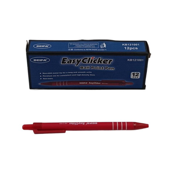 STATIONERY PEN BEIFA EASYCLICKER KB121001 RED BALL POINT 12PCS BOX