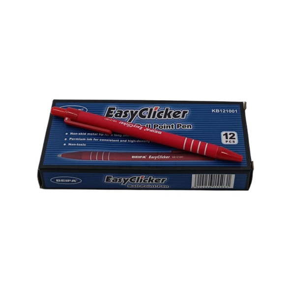 STATIONERY PEN BEIFA EASYCLICKER KB121001 RED BALL POINT 12PCS BOX