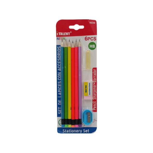 STATIONERY PENCIL 6PCS SET IT-090 ITALENT NEON WITH ERASER AND SHARPENER