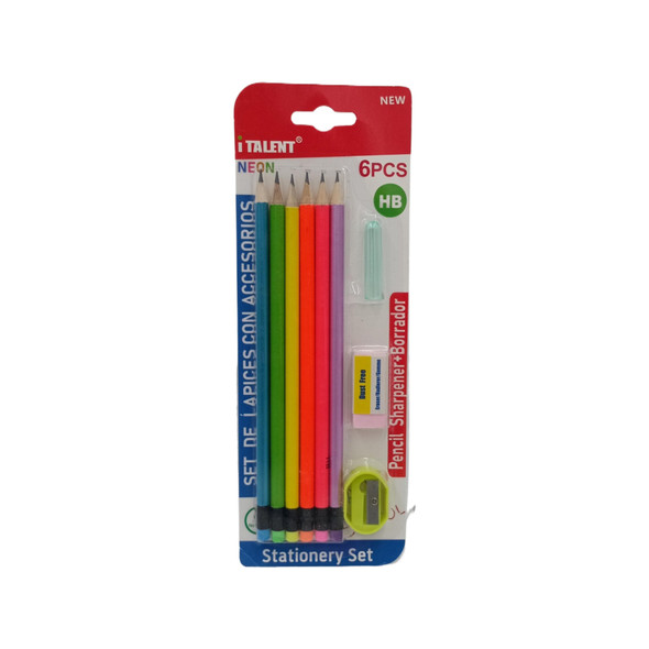 STATIONERY PENCIL 6PCS SET IT-090 ITALENT NEON WITH ERASER AND SHARPENER