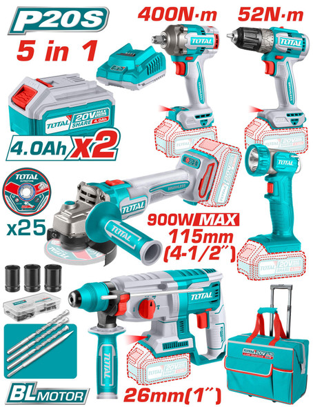 DRILL GUN + ANGLE GRINDER + LAMP TOTAL UTCKLI2058 5-PCS COMBO KIT 20V LITHIUM ION