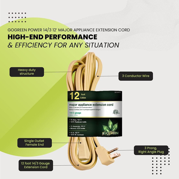 EXTENSION CORD INDOOR 12' GOGREEN GG-25612 BEIGE 14G 3C EXTENSION CORD INDOOR 12' GOGREEN GG-25612 BEIGE 14G 3C