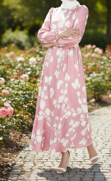 Dress Lined Satin Print Lilac Taupe Green