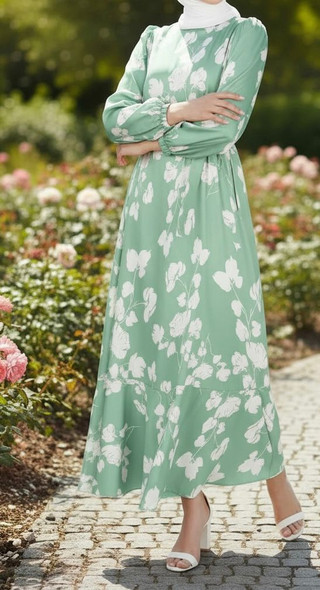 Dress Lined Satin Print Lilac Taupe Green