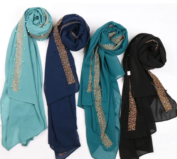 Hijab Scarf Chiffon Crepe Stone Embroidery Assorted Colors Hijab Scarf Chiffon Crepe Stone Embroidery Assorted Colors