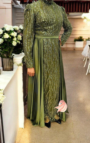 Dress Evening Occasion Satin Olive / Taupe