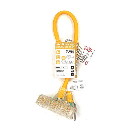 EXTENSION CORD OUTDOOR 2FT UNITED CABLE TRIPLE TAP YELLOW HEAVY DUTY UCU201P4RY-2FT