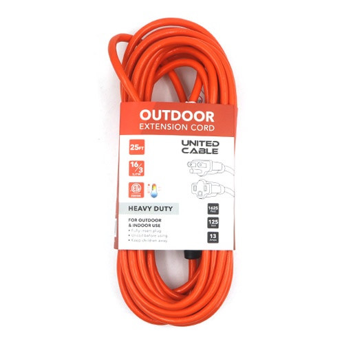 EXTENSION CORD OUTDOOR 25FT UNITED CABLE ORANGE HEAVY DUTY UCU201PRO-25FT