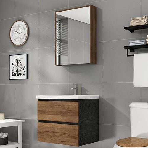 BATHROOM WALL HUNG CABINET WOLLATON BROWN WITH MIRROR 2 DRAWS PVC 31.5"X18.5"X19.6" GNC-DC13B30H