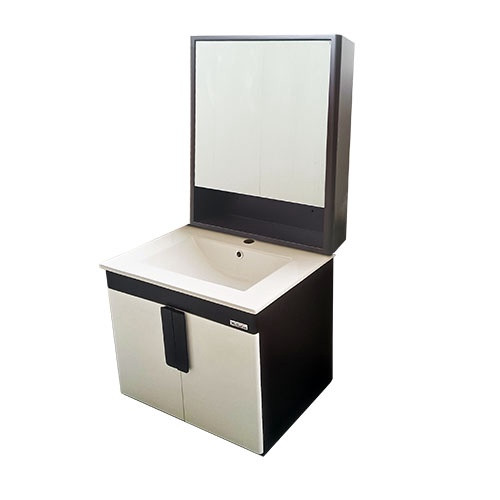 BATHROOM WALL HUNG CABINET WOLLATON WHITE & BROWN WITH MIRROR 2 DOORS PVC 23.6"X18"X19" GNC-DC9WB24H