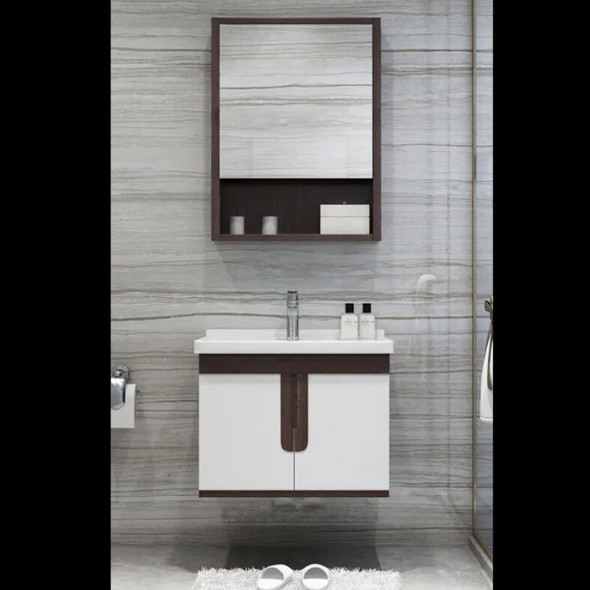 BATHROOM WALL HUNG CABINET WOLLATON WHITE & BROWN WITH MIRROR 2 DOORS PVC 23.6"X18"X19" GNC-DC9WB24H